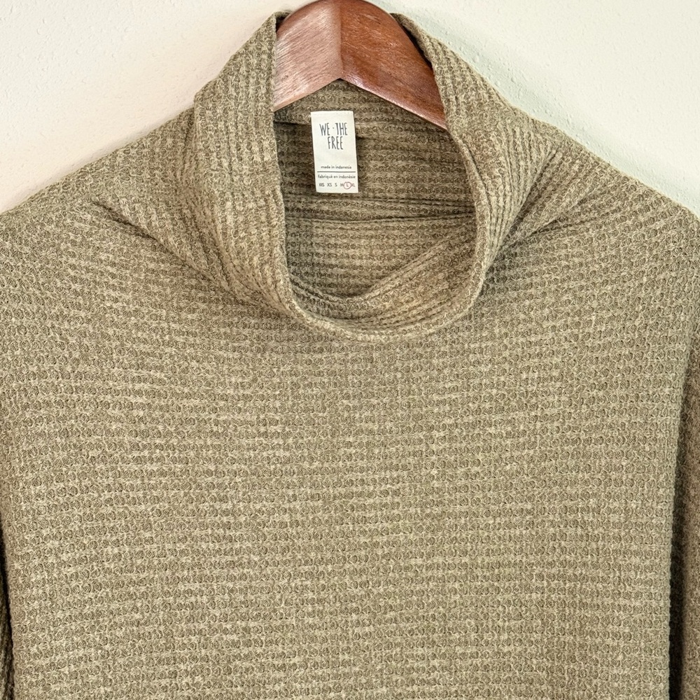 Free People We The Free Waffle Knit Cowl Neck Tunic Sweater XS S Olive - Picture 2 of 10